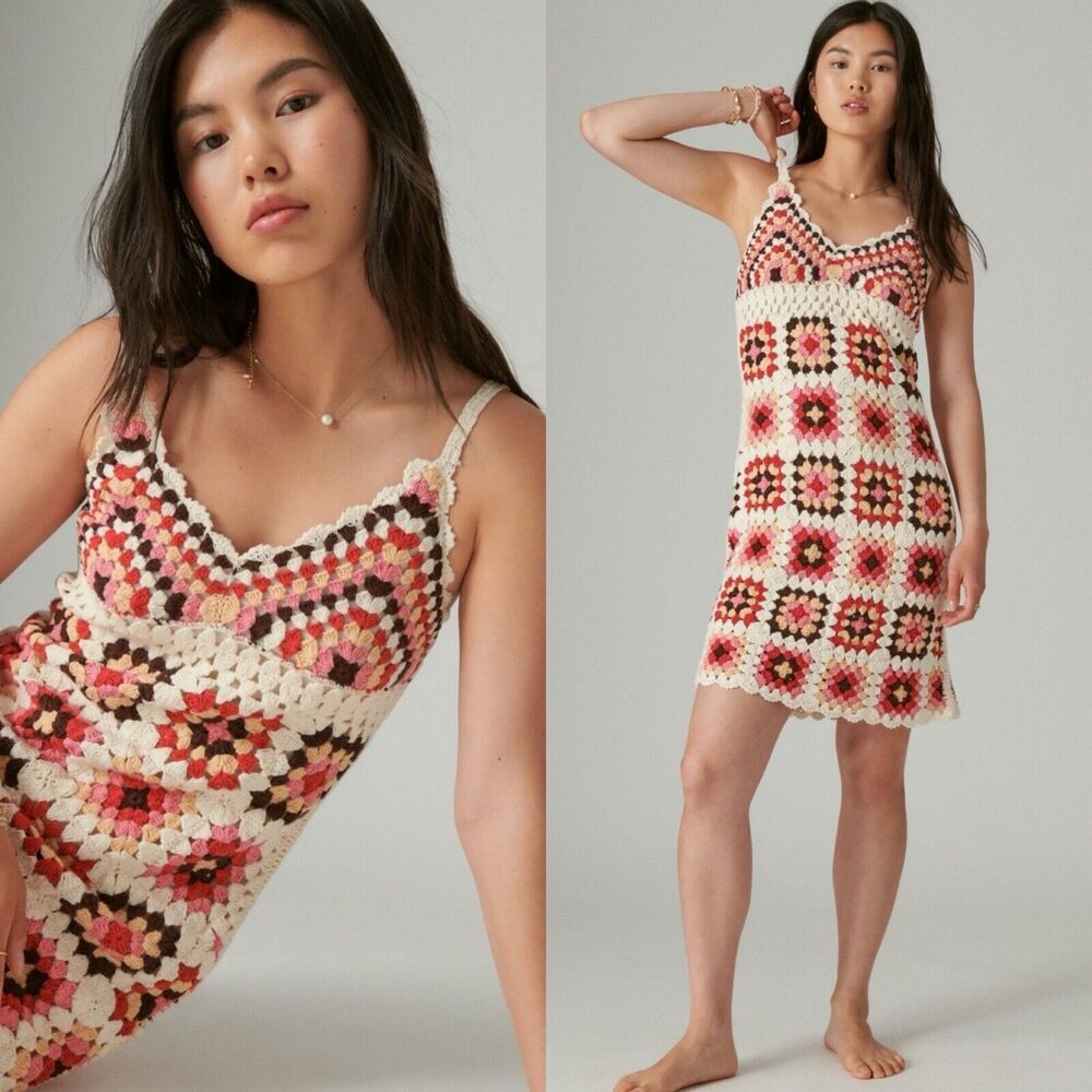 $199 Lucky Brand Granny Square Crochet Dress Knit Colorful/Cream Medium